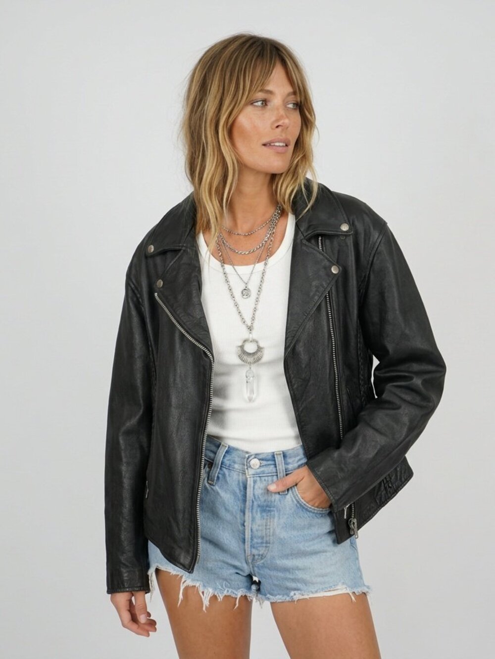 Vintage MOTO Jacket Black Leather Biker Motorcycle Jacket Size Large